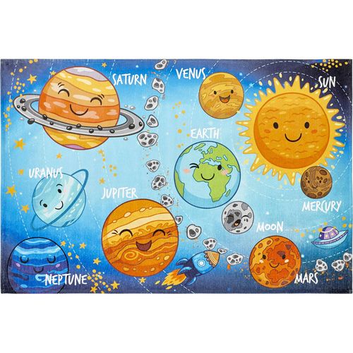 Tapis Enfant Système Solaire Jacquard Doux Antidérapant 170 X 120 Cm Bleu