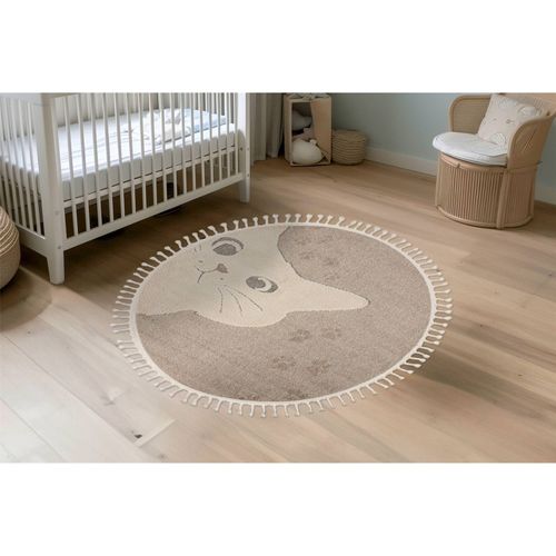 Tapis Rond Enfant Chat Taupe Effet 3d Cut Loop 170 X 120 Cm Marron