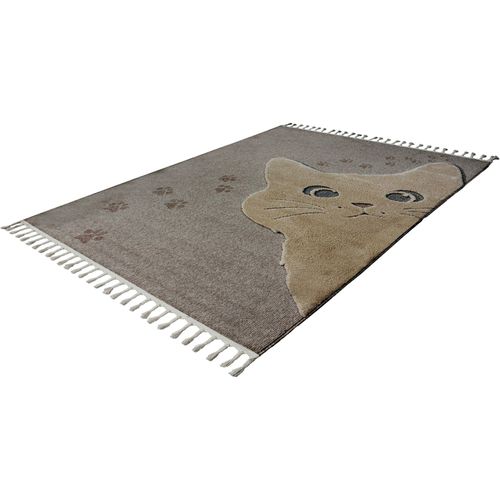 Tapis Rond Enfant Chat Taupe Effet 3d Cut Loop 170 X 120 Cm Marron