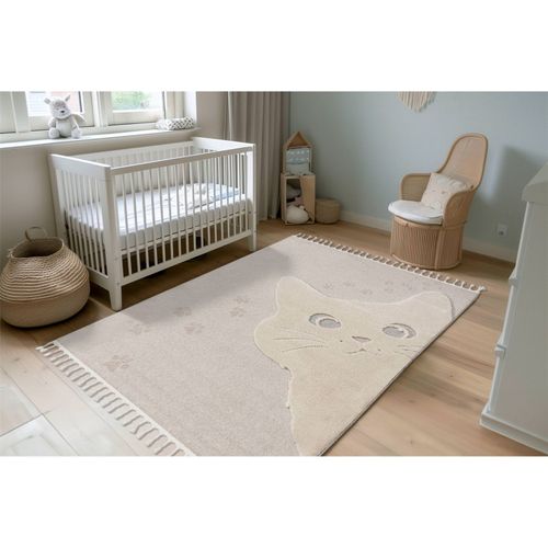 Tapis Rond Enfant Chat Taupe Effet 3d Cut Loop 230 X 160 Cm Marron