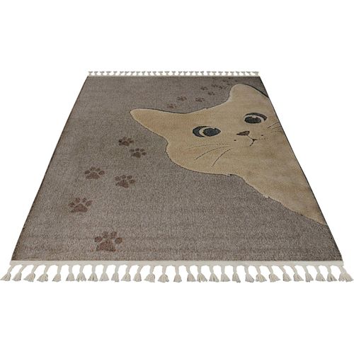 Tapis Rond Enfant Chat Taupe Effet 3d Cut Loop 230 X 160 Cm Marron