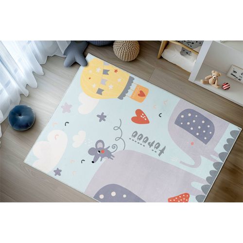 Tapis Enfant Bleu Éléphant Doux Lavable Antiallergie 160 X 115 Cm Bleu