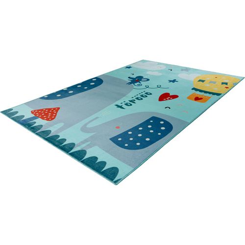 Tapis Enfant Bleu Éléphant Doux Lavable Antiallergie 230 X 160 Cm Bleu