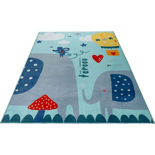 Tapis Enfant Bleu Éléphant Doux Lavable Antiallergie 230 X 160 Cm Bleu