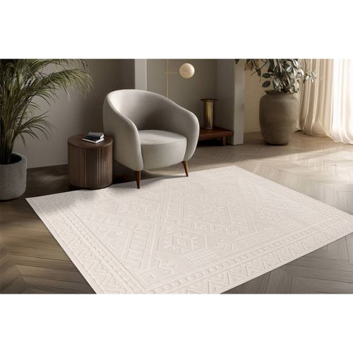 Tapis Intérieur Extérieur Ivoire Motif Géométrique Robuste 150 X 80 Cm Beige