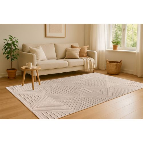 Tapis Intérieur Extérieur Ivoire Motif Géométrique Moderne 290 X 200 Cm Beige