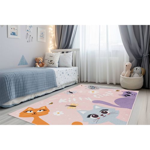 Tapis Enfant Rose Chat Doux Lavable Anti Allergie 160 X 115 Cm Rose