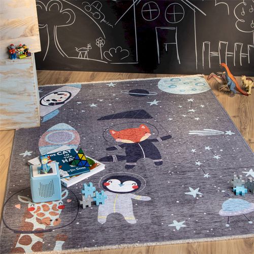 Tapis Enfant Doux Motif Espace Gris Anthracite Lavable