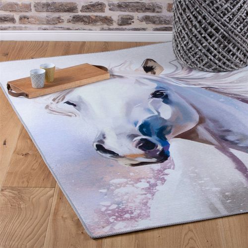 Tapis Enfant Cheval Blanc Jacquard Doux Antidérapant 170 X 120 Cm Blanc