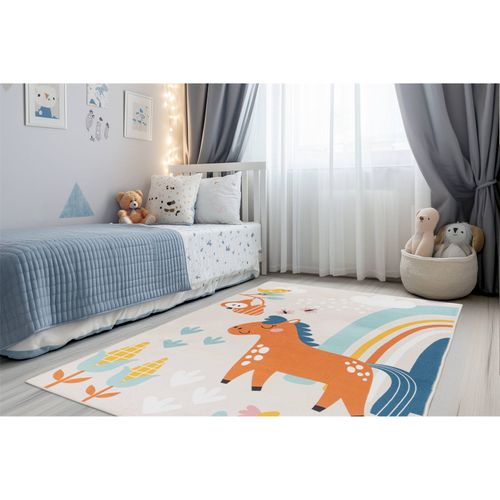 Tapis Enfant Multicolore Motif Cheval Lavable Doux 160 X 115 Cm Beige