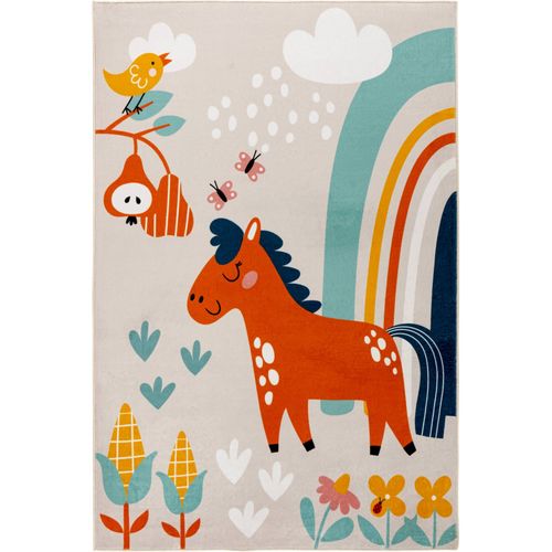 Tapis Enfant Multicolore Motif Cheval Lavable Doux 160 X 115 Cm Beige