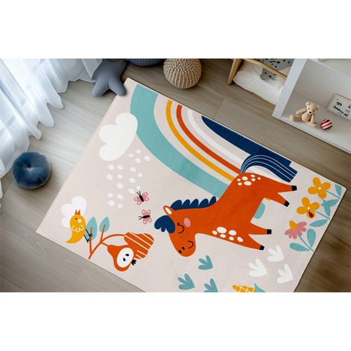 Tapis Enfant Multicolore Motif Cheval Lavable Doux 230 X 160 Cm Beige