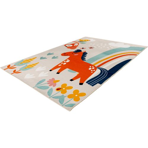 Tapis Enfant Multicolore Motif Cheval Lavable Doux 230 X 160 Cm Beige