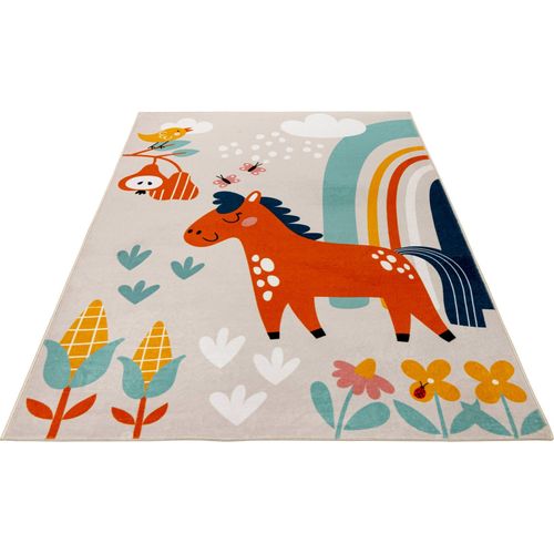 Tapis Enfant Multicolore Motif Cheval Lavable Doux 230 X 160 Cm Beige