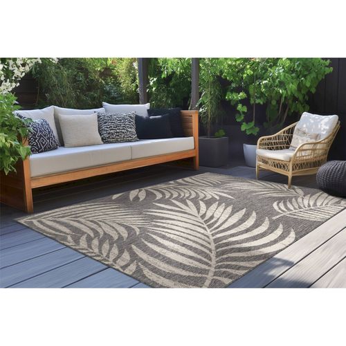 Tapis Argenté Motif Palmes Plat Intérieur Extérieur 150 X 80 Cm Gris