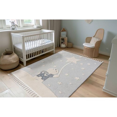 Tapis Rond Enfant Gris Étoile Effet 3d Doux Et Robuste 230 X 160 Cm Gris