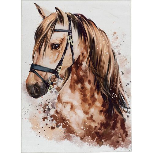 Tapis Enfant Jacquard Cheval Brun Doux Antidérapant 170 X 120 Cm Marron