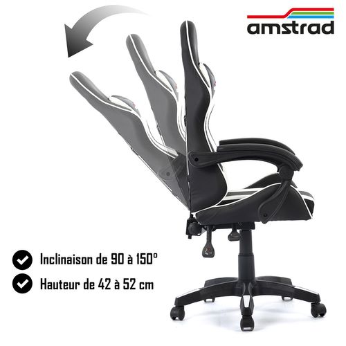 Fauteuil Gamer Ams-800-white Coloris Noir et Blanc - Coussin Lombaire et Appuie Tête