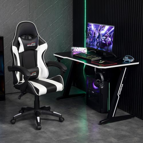 Fauteuil Gamer Ams-800-white Coloris Noir et Blanc - Coussin Lombaire et Appuie Tête