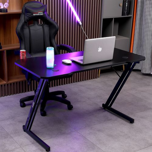 Bureau Gamer Ams-desk120-2z-black - Largeur 1m20 - Style Carbone - Porte Gobelet et Casque