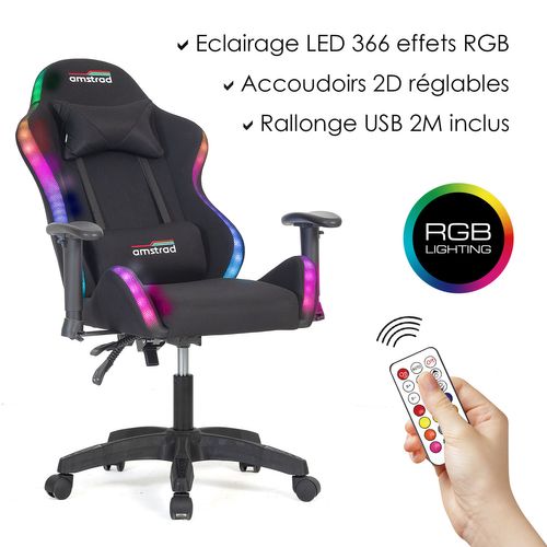 Ams-led-fusion-bk Fauteuil / Chaise De Bureau Gamer Noir - Eclairage LED 366 Effets Télécommande