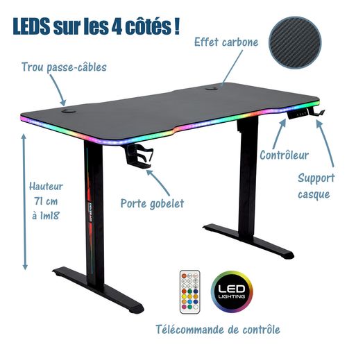 Bureau Informatique Electrique Gamer Desk120t-led-vortex Assis Debout - Rgb - 1m20 - Télécommande