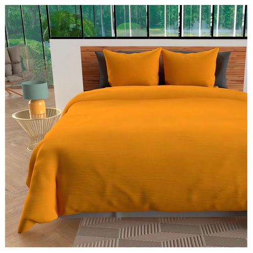 Housse De Couette + 2 Taies 240 X 260 Cm Microfibre Lavee Intemporel Moutarde