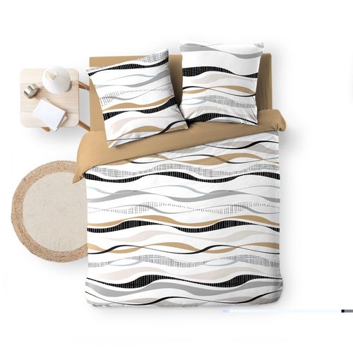 Housse Couette + 2 Taies Polycoton 220 X 240 Cm Vaguelines Beige