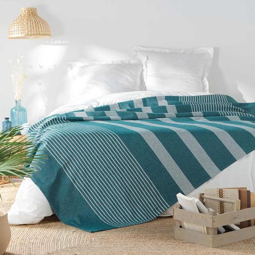 Couvre Lit Raye Et Tisse 240 X 260 Cm Adelle Bleu