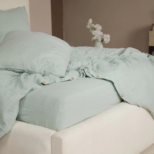 Housse De Couette + Taies Gaze De Coton Lave 220 X 240 Cm Douce Vert Givree