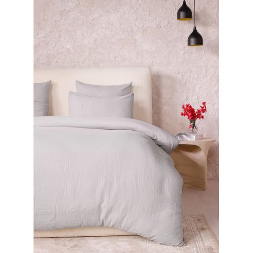 Housse De Couette + Taies Gaze De Coton Lave 240 X 260 Cm Douce Gris Glacier
