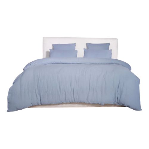 Housse De Couette + Taies Gaze De Coton Lave 220 X 240 Cm Douceur Bleu Givree
