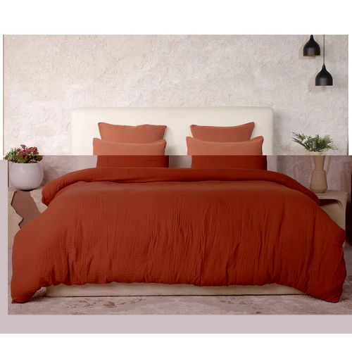 Housse De Couette + Taies Gaze De Coton Lave 220 X 240 Cm Douceur Safran Mineral