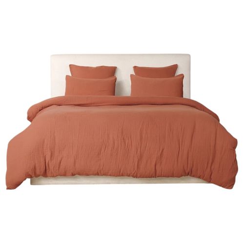 Housse De Couette + Taies Gaze De Coton Lave 220 X 240 Cm Douceur Safran Mineral