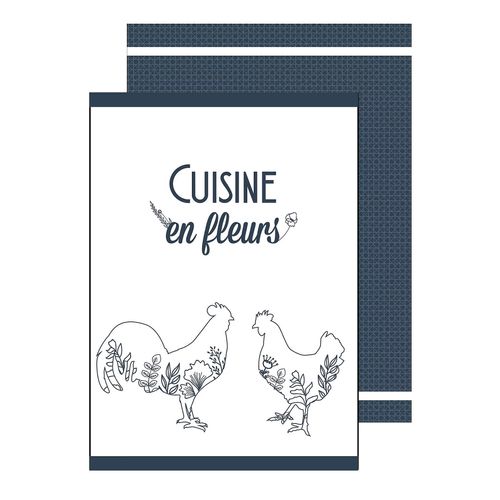 Lot De 2 Torchons 50 X 70 Cm Coqs Et Fleurs Noir