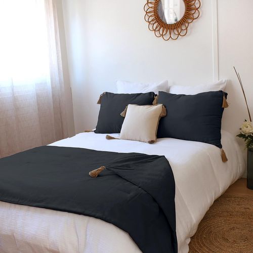 Edredon Bout De Lit En Coton Avec Pompons 90 X 190 Cm Cocoon Gris Fonce