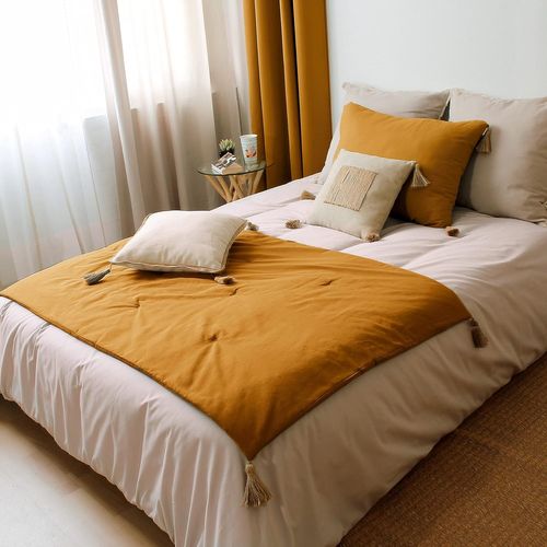 Edredon Bout De Lit En Coton Avec Pompons 90 X 190 Cm Cocoon Moutarde