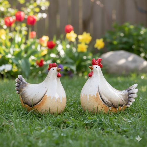 Deux Décoration De Jardin Coq et Poule En Céramique