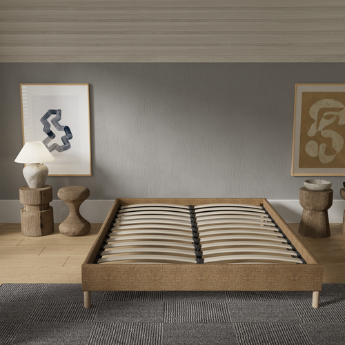 Sommier 90x200 cm, cadre en tissu brun, pieds en bois