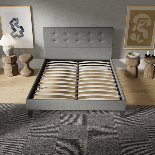 Lit 140x190 cm avec tête de lit tissu gris