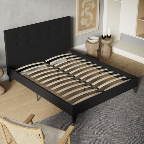 Lit 140x190 cm avec tête de lit tissu noir