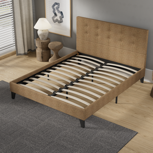 Lit 140x190 cm avec tête de lit tissu brun