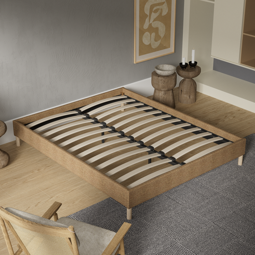 Sommier 120x190 cm, cadre en tissu brun, pieds en bois
