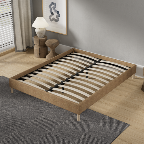 Sommier 120x190 cm, cadre en tissu brun, pieds en bois