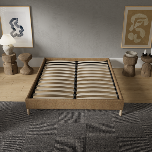 Sommier 120x190 cm, cadre en tissu brun, pieds en bois