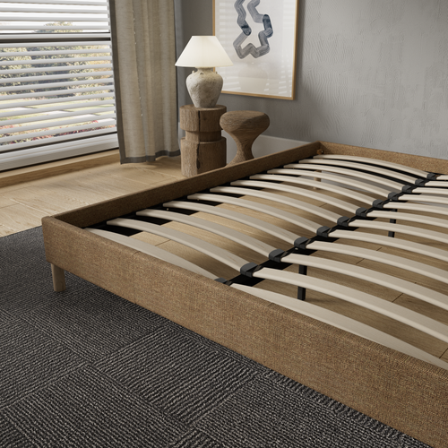 Sommier 120x190 cm, cadre en tissu brun, pieds en bois