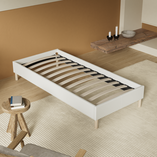 Sommier 80x200 cm, Tissu blanc crème, pieds en bois