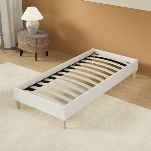 Sommier 80x200 cm, Tissu blanc crème, pieds en bois