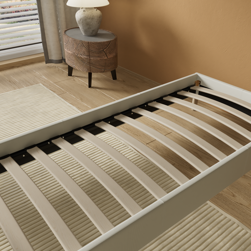 Sommier 80x200 cm, Tissu blanc crème, pieds en bois