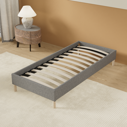 Sommier 80x200 cm, tissu gris, pieds en bois